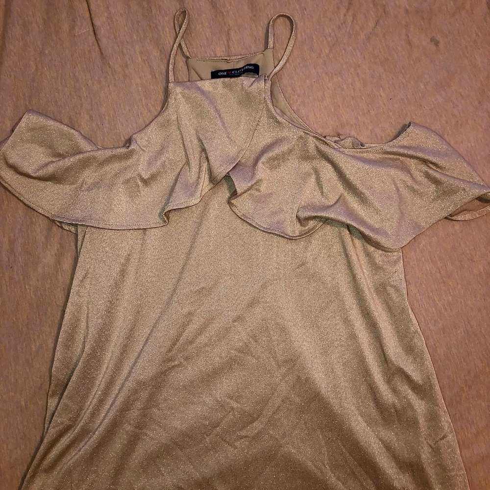 Gold glitter off the shoulder dress